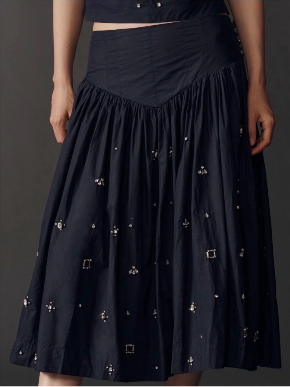 NWT Anthropologie Maeve Navy Basque Waist Midi Skirt with Rhinestones